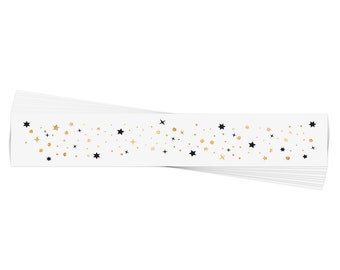 May include: A stack of white paper strips with a repeating pattern of black and gold stars and dots. The stars vary in size and shape, with some appearing as solid shapes and others as outlines. The gold elements have a glittery appearance.