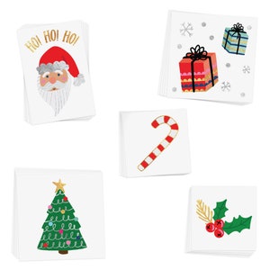 May include: A set of 10 Christmas themed temporary tattoos. The tattoos feature a Santa Claus, a Christmas tree, a candy cane, a gift box, and a holly sprig. The tattoos are printed on white paper and are ready to be applied to skin.