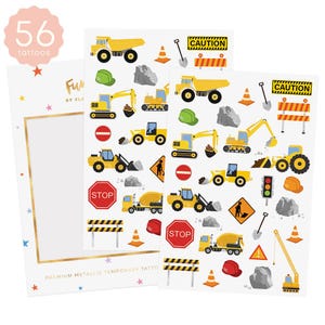 Flash Tattoos CONSTRUCTION birthday party supplies temporary tattoos | 56 tattoos | Excavator, Bulldozer, Dump truck, Crane, trucks for kids
