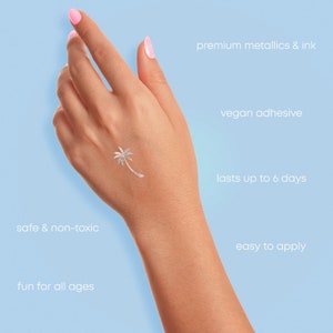 Juego de 10 tatuajes temporales de palmera plateada, premium, impermeables, de inspiración tropical, color plateado metálico / Tatuaje temporal / Luau imagen 3