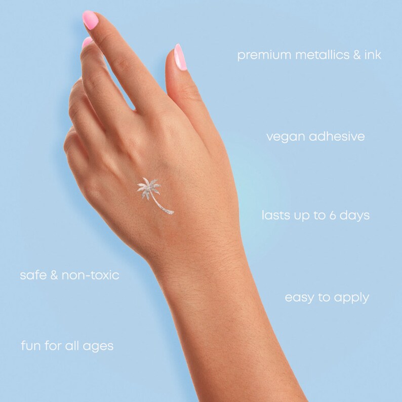 Juego de 10 tatuajes temporales de palmera plateada, premium, impermeables, de inspiración tropical, color plateado metálico / Tatuaje temporal / Luau imagen 3
