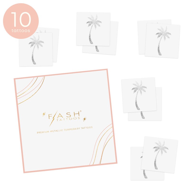 Juego de 10 tatuajes temporales de palmera plateada, premium, impermeables, de inspiración tropical, color plateado metálico / Tatuaje temporal / Luau imagen 5