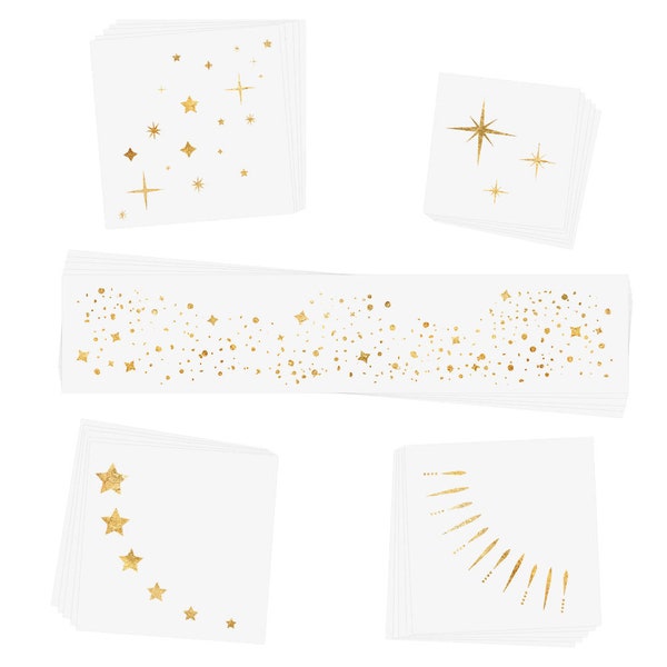 TWINKLING LIGHTS Variety Set includes 25 assorted pre-cut metallic gold temporary face Flash Tattoos, holiday, Face Freckles, eye jewels