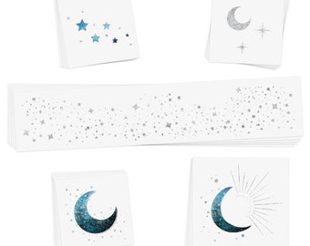 May include: A collection of white square and rectangular cards featuring celestial designs. The designs include blue watercolor stars, silver moons, and a crescent moon with sun rays. The cards are ideal for crafting or scrapbooking.
