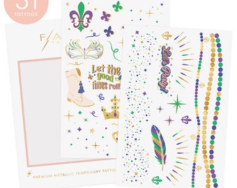 Flash Tattoos Mardi Gras Sparkle tattoo pack | 31 tattoos | NOLA | Fleur de Lis | Mardi Gras parade | Metallic tattoo | Tattoo sticker| LSU