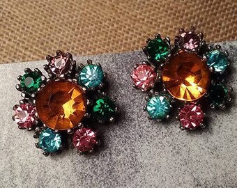 Pendientes vintage con cierre de rosca y diamantes de imitación multicolor de Coro