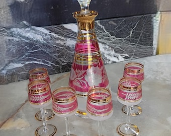 Vintage Tsjechische glazen 7-delige karafset - MCM Boho *NIEUWSTAAT*