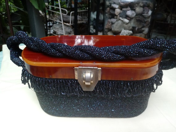 1930's Flapper Beaded Purse with Bakelite Handle