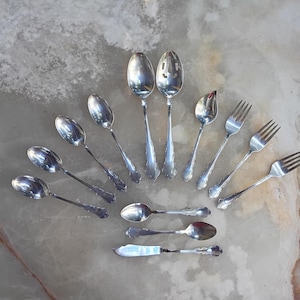 Lote mixto de 13 piezas de cubiertos Reed and Barton Dresden Rose Silver Plate.