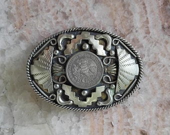 アルパカシルバー製南西部風ベルトバックル（メキシコペソ硬貨付き）