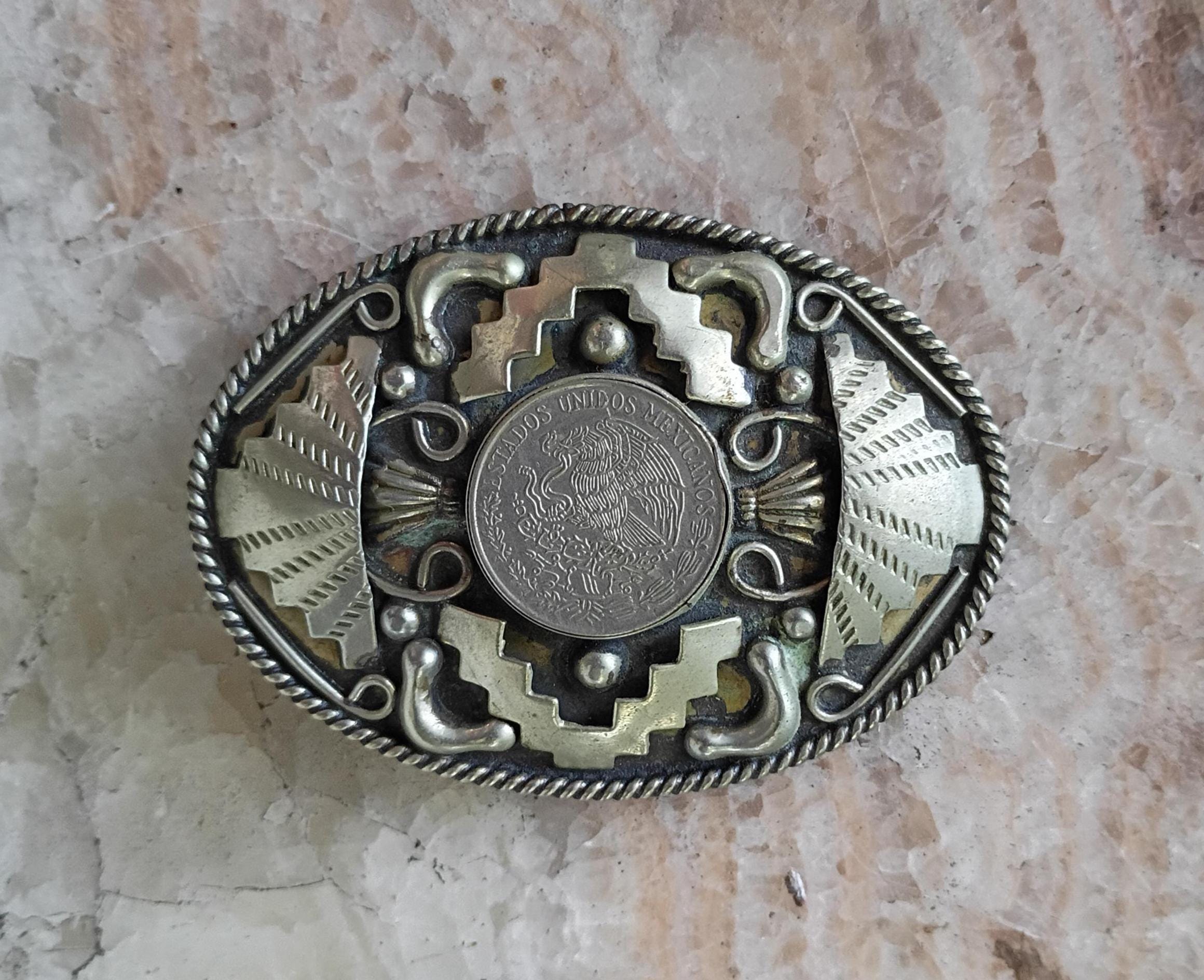 Vtg Lot of 3 Belts 2 Gold & Silver-Tone Coin 1 Black Vinyl Embossed Designs vintage belt buckles for sale main image 3