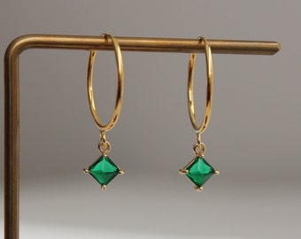 Gold plated over silver hoop earrings with emerald green square pendants Gift