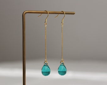 Gold plated over silver chain and teal green teardrop earrings Classic elegant earrings Gift