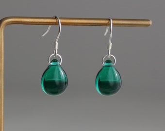 Sterling silver Emerald green Glass teardrop earrings Minimal Essential earrings Gift