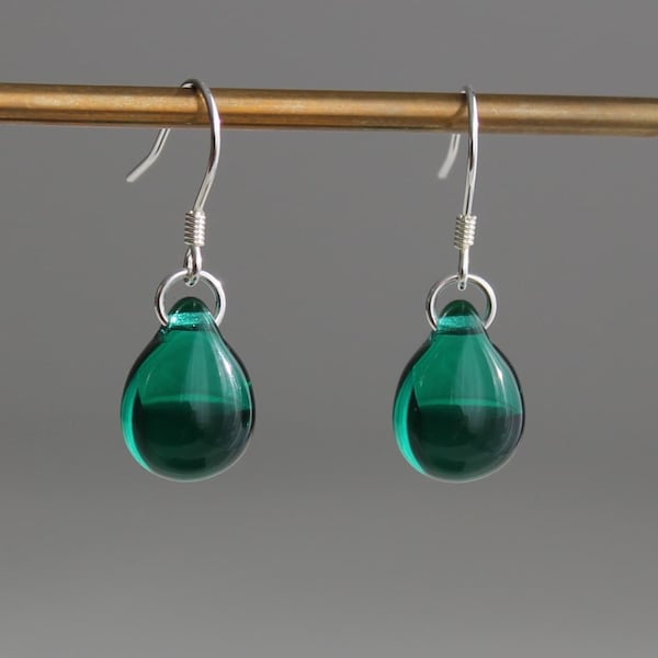 Sterling silver Emerald green Glass teardrop earrings Minimal Essential earrings Gift