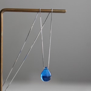 Deep blue Czech glass teardrop necklace with sterling silver chain