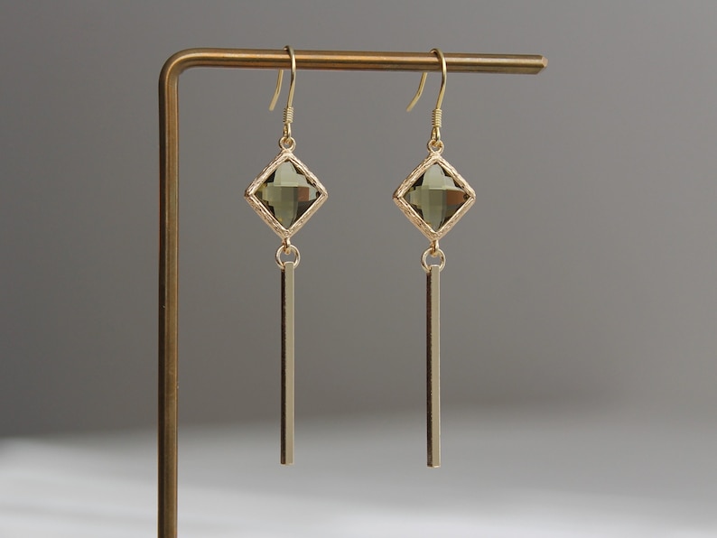 Gold plated bar with peridot green glass beads earrings Geometric earrings Gift image 5