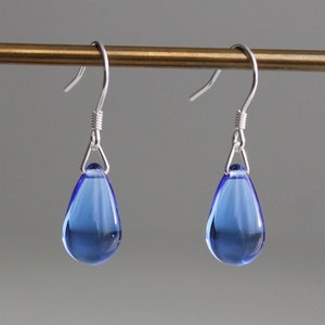 Sterling silver Sapphire blue glass teardrop earrings Minimal earrings Gift