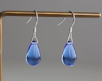 Sterling silver Sapphire blue glass teardrop earrings Minimal earrings Gift