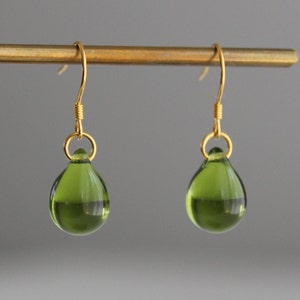 Peridot green Glass teardrop earrings with gold plated over silver ear wires Minimal Essential earrings Gift image 1