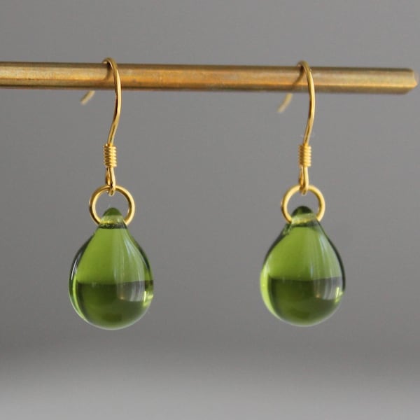 Peridot green Glass teardrop earrings with gold plated over silver ear wires Minimal Essential earrings Gift