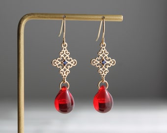 Gold plated filigree earrings with red glass teardrops Wedding Bridesmaid earrings Gift