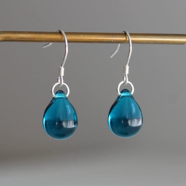 Sterling silver Teal blue Glass teardrop earrings Minimal classic earrings Gift