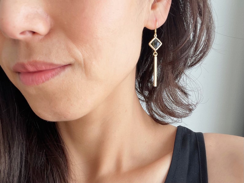 Gold plated bar with peridot green glass beads earrings Geometric earrings Gift image 4