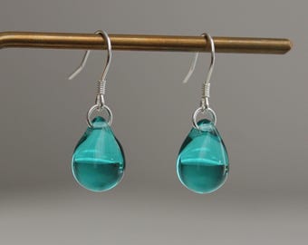 Teal green glass teardrop earrings with sterling silver ear wires