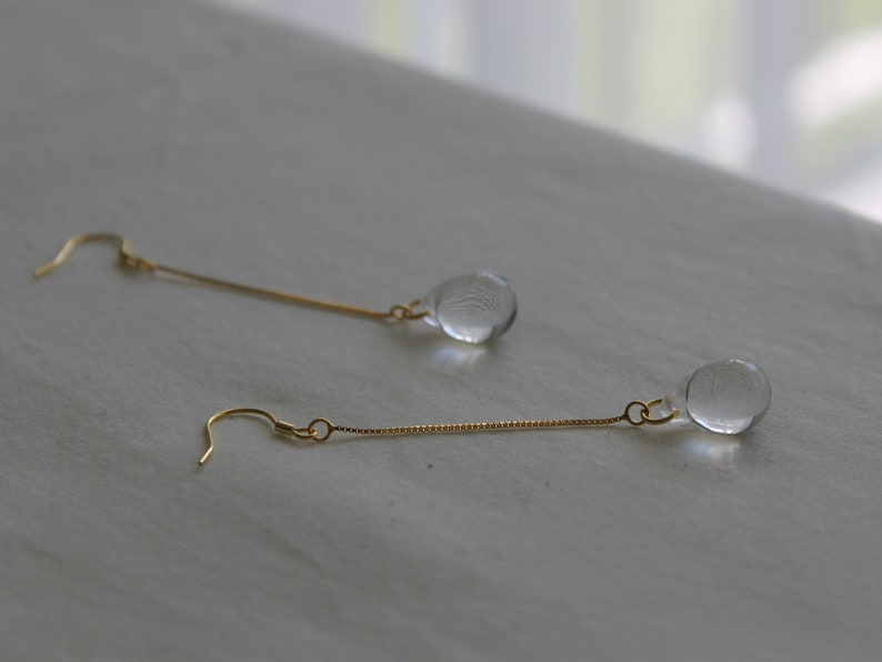 Gold plated long chain with clear glass teardrop earrings Minimal earrings Occasion earrings Gift image 3