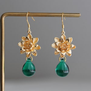 Gold plated flower and emerald green teardrop earrings Wedding Bridesmaids earrings Gift