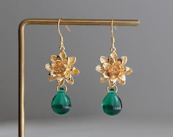 Gold plated flower and emerald green teardrop earrings Wedding Bridesmaids earrings Gift