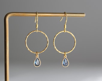 Gold plated over silver patterned hoop with sapphire blue teardrop earrings Everyday Minimal earrings Gift
