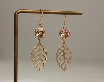 Gold plated leaf and champagne colour glass bead earrings Wedding Bridesmaids earrings Elegant earrings Gift