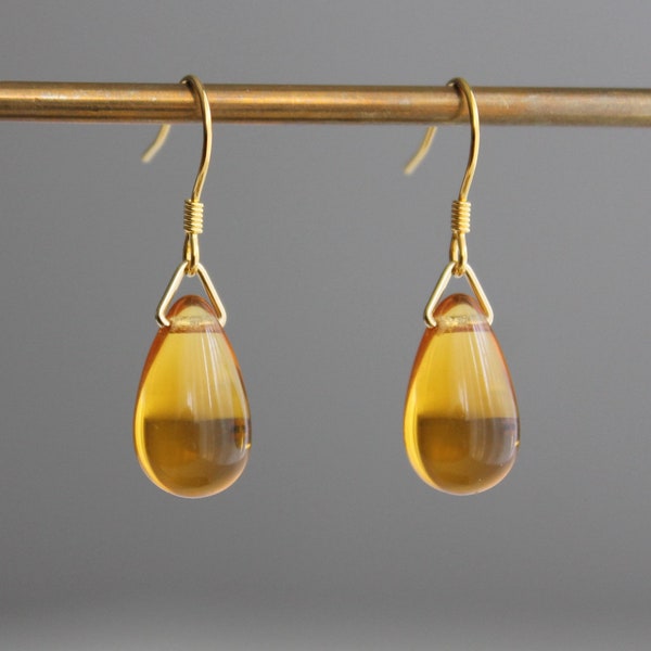 Amber colour glass teardrop earrings with gold plated over silver ear wires Minimal earrings Gift