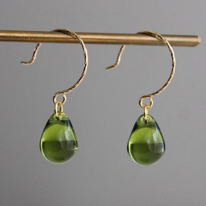 Peridot green glass teardrop earrings Essential Minimal earrings Gift
