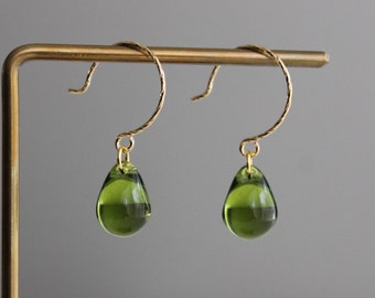 Peridot green glass teardrop earrings Essential Minimal earrings Gift