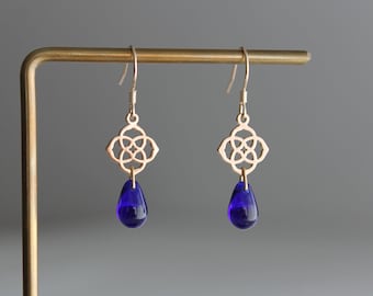 Gold plated celtic pendant with cobalt blue glass teardrop earrings Gift