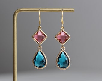 Rose pink square and teal green teardrop earrings Gift