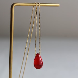 Red glass teardrop necklace with gold plated over sterling silver chain Classic essential necklace Gift