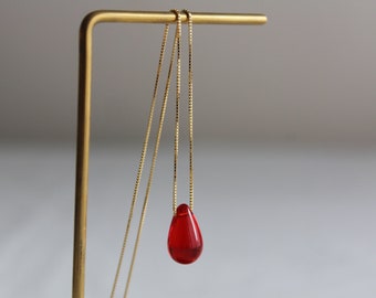 Red glass teardrop necklace with gold plated over sterling silver chain Classic essential necklace Gift