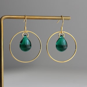 Gold plated over silver hoop earrings with emerald green glass teardrops Gift image 1