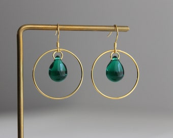 Gold plated over silver hoop earrings with emerald green glass teardrops Gift