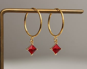 Gold plated over silver hoop earrings with rose red square pendants Gift