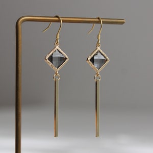 Gold plated bar with grey glass beads earrings Geometric earrings Gift for her