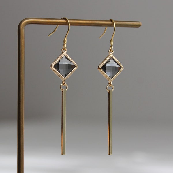 Gold plated bar with grey glass beads earrings Geometric earrings Gift