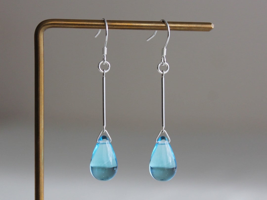 Rod Earring Sterling Silver Rod Aquamarine Blue Glass Teardrop Earrings - Etsy UK