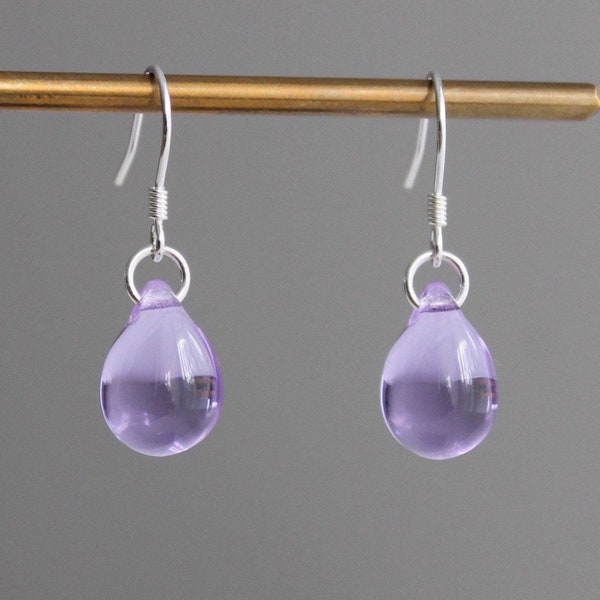 Sterling silver light purple glass teardrop earrings Minimal Essential earrings Gift for her