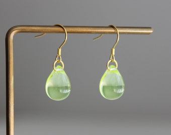 Jonquil yellow Glass teardrop earrings with gold plated over silver ear wires Minimal Essential earrings Gift