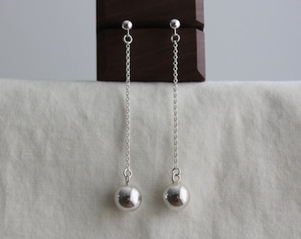 Sterling silver long chain and ball earrings Minimal Geometric earrings Gift